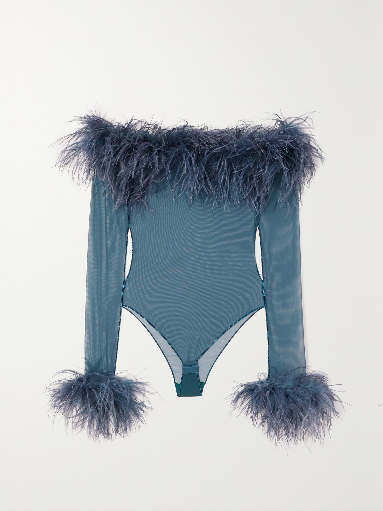 Oséree Plumage Off-the-shoulder Feather-trimmed Tulle Bodysuit - Blue