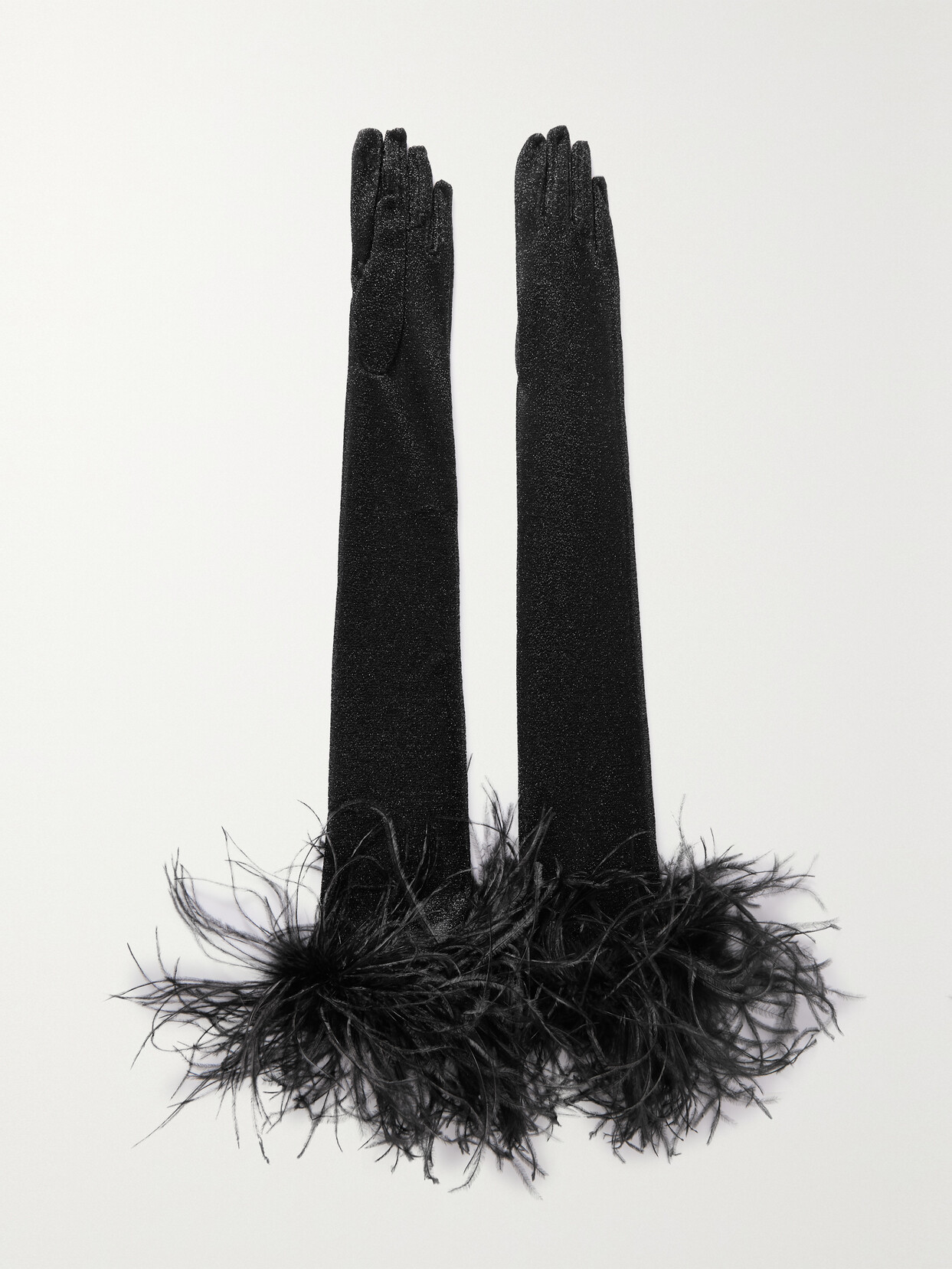 Oséree Lumière Plumage Feather-trimmed Metallic Stretch-knit Gloves - Black