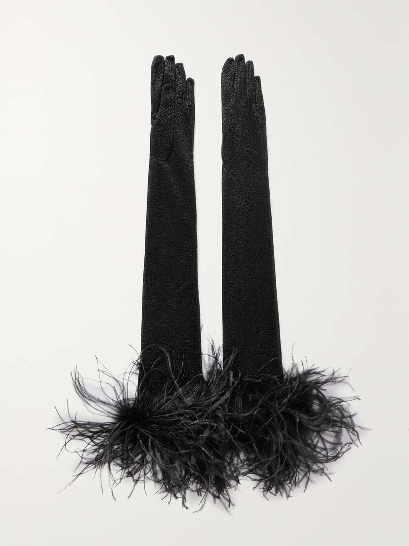 Oséree Lumière Plumage Feather-trimmed Metallic Stretch-knit Gloves