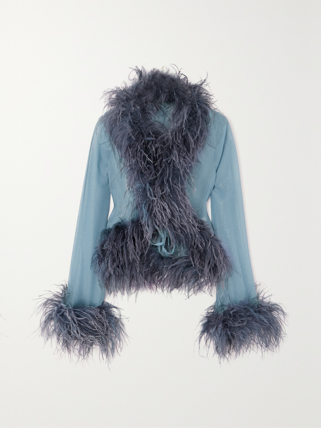 Oseree Plumage Feather-trimmed Glittered Chiffon Blouse In Blue