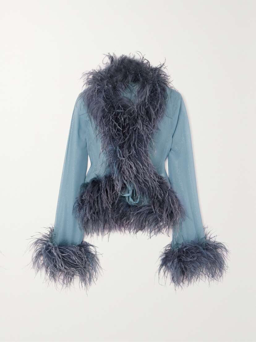 Oséree Plumage Feather-trimmed Glittered Chiffon Blouse