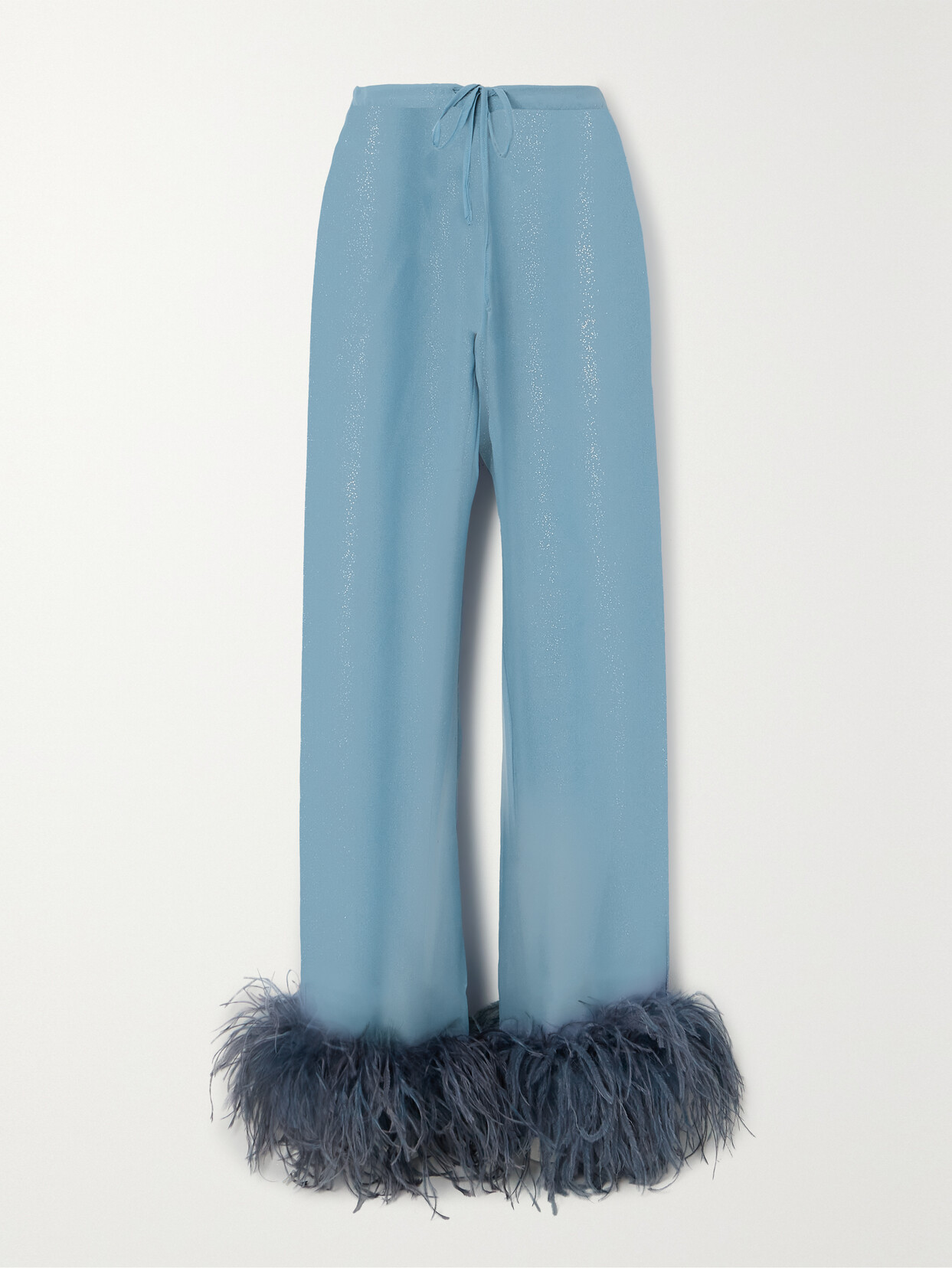 Oséree Lumière Feather-trimmed Glittered Chiffon Straight-leg Pants - Blue