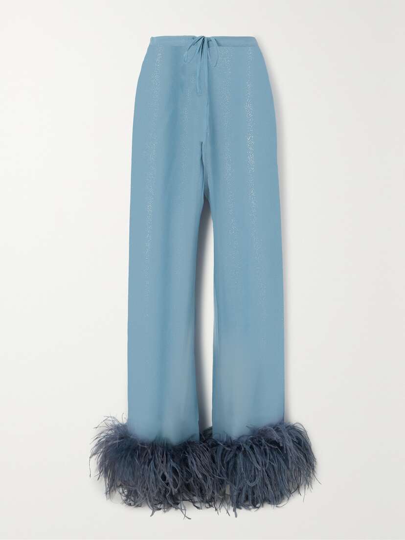 Oséree Lumière Feather-trimmed Glittered Chiffon Straight-leg Pants