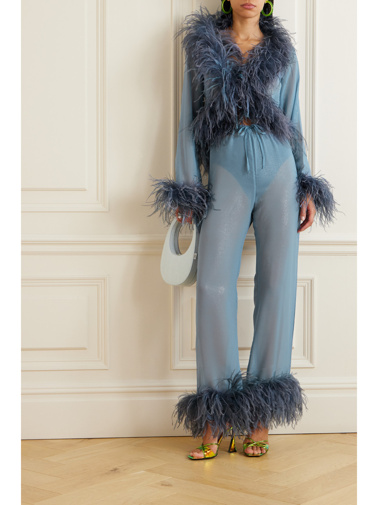 Shop Oseree Lumière Feather-trimmed Glittered Chiffon Straight-leg Pants In Blue