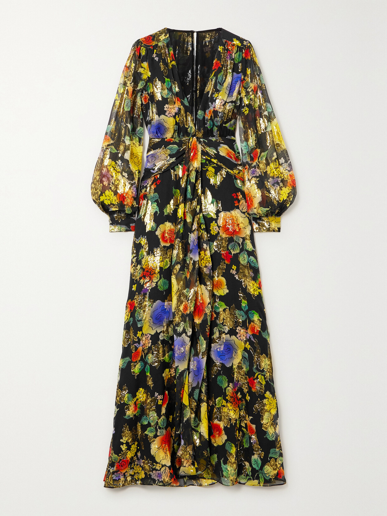 RIXO Meera Gathered Floral-print Metallic Fil Coupé Silk-blend Maxi Dress - Multi