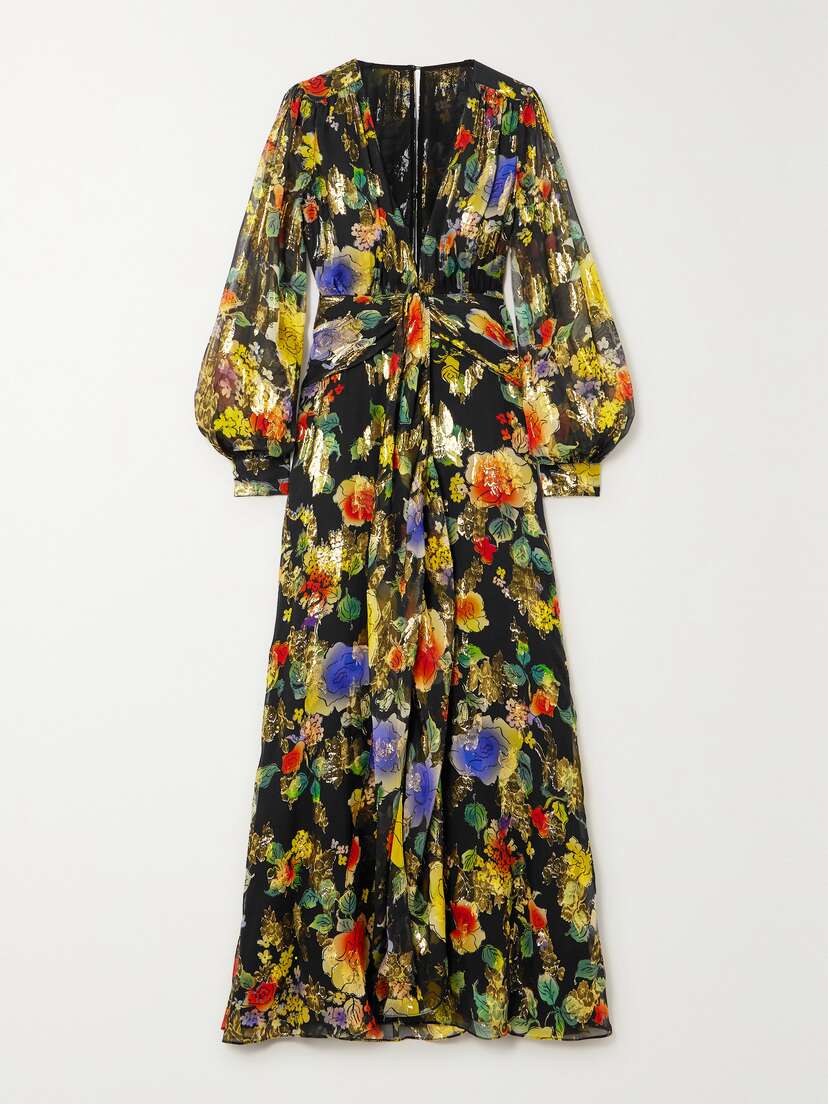 Rixo Meera Gathered Floral-print Metallic Fil Coupé Silk-blend Maxi Dress - UK 20