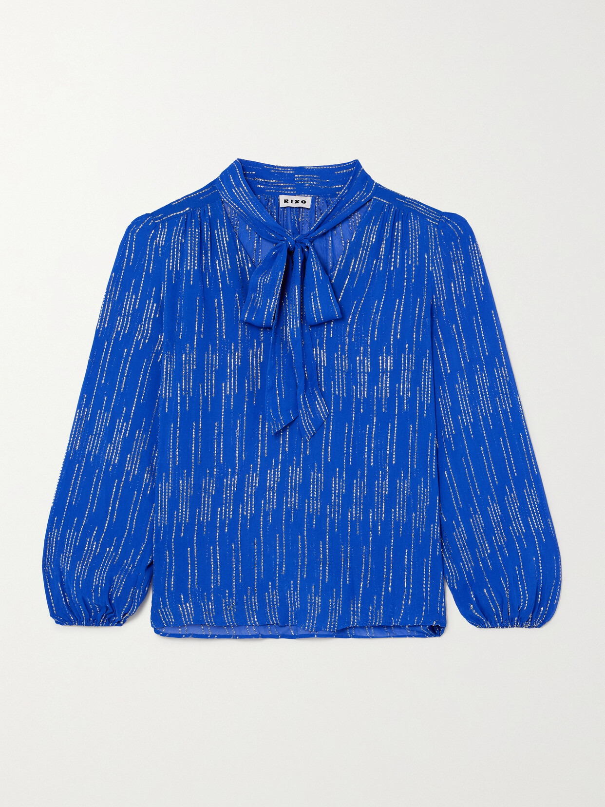 Rixo London Moss Pussy-bow Metallic Jacquard Blouse In Blue