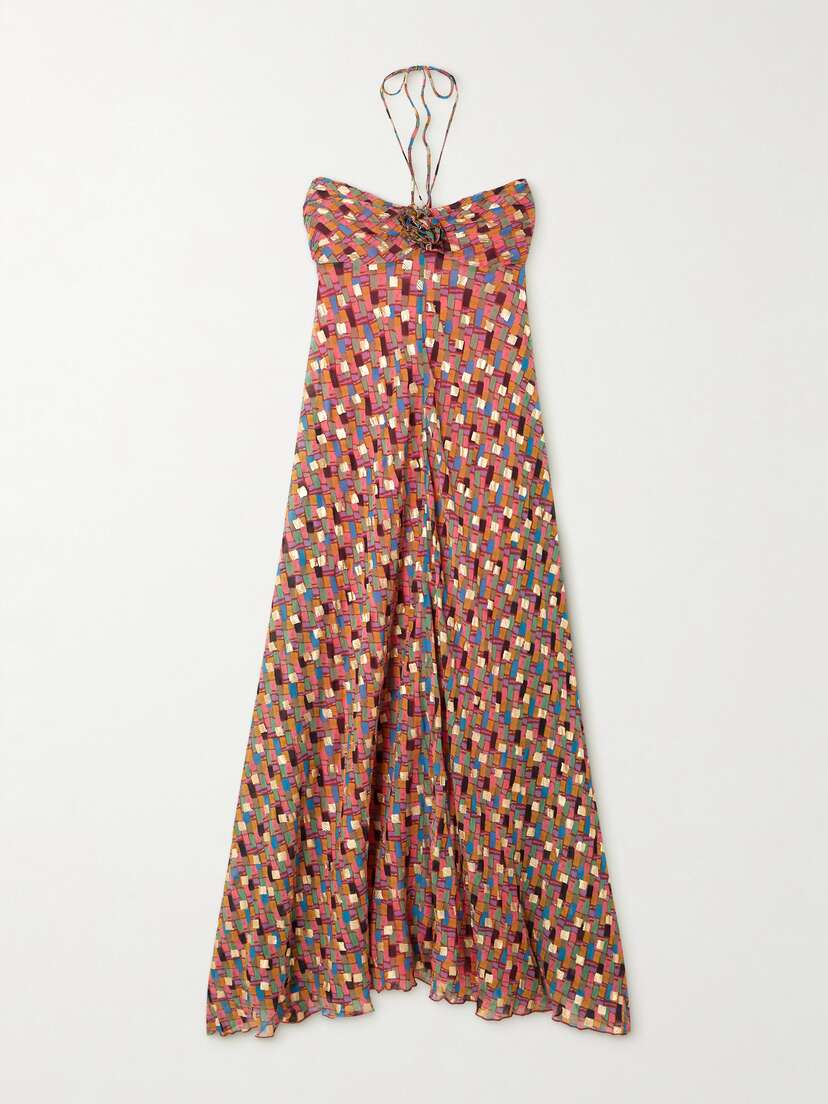 Rixo Samira Printed Fil Coupé Georgette Halterneck Maxi Dress