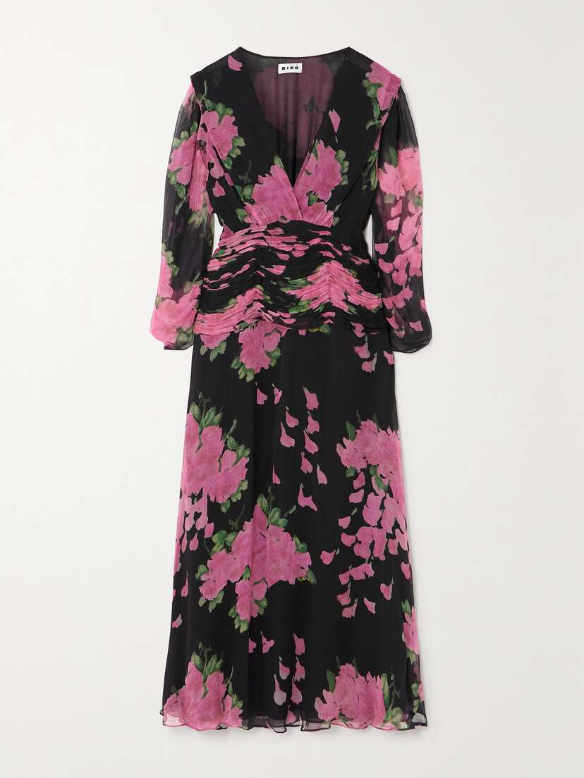 Rixo Racquel Ruched Floral-print Devoré-velvet Midi Dress