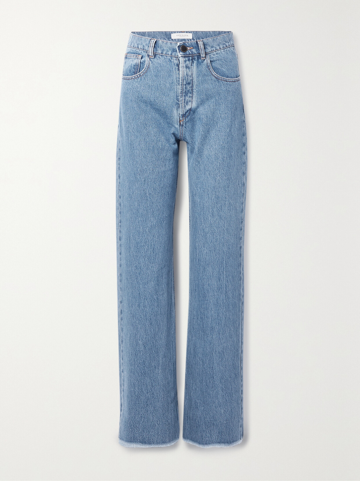 Shop Giuliva Heritage + Net Sustain The Dylan Frayed High-rise Straight-leg Jeans In Blue