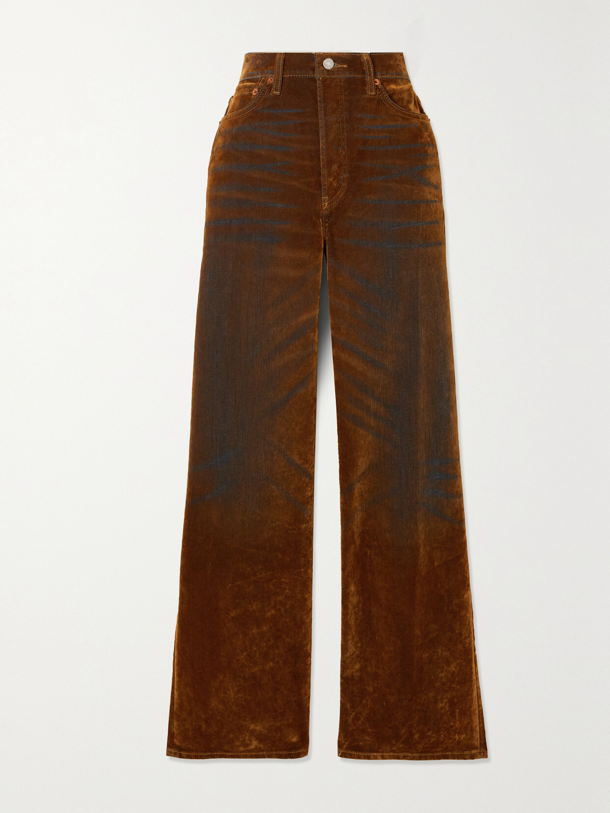 Shop Re/done 70s Ultra Distressed Devoré-velvet And Denim Bootcut Pants In Orange