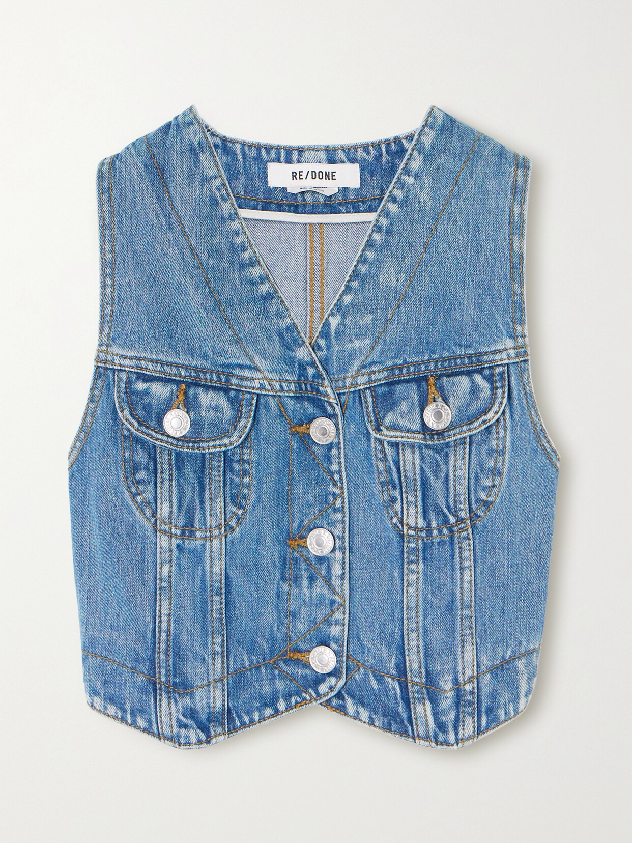 Shop Re/done Cropped Paneled Denim Vest In Blue