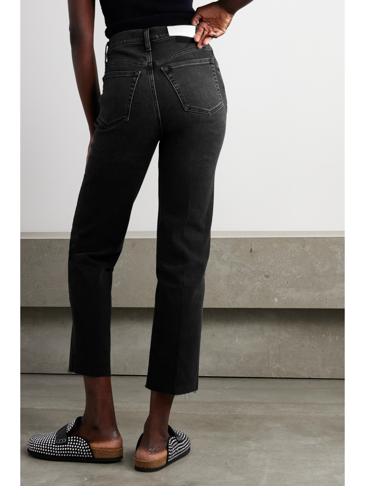 Shop Re/done 70s Stove Pipe Cropped Distressed High-rise Straight-leg Jeans In Black