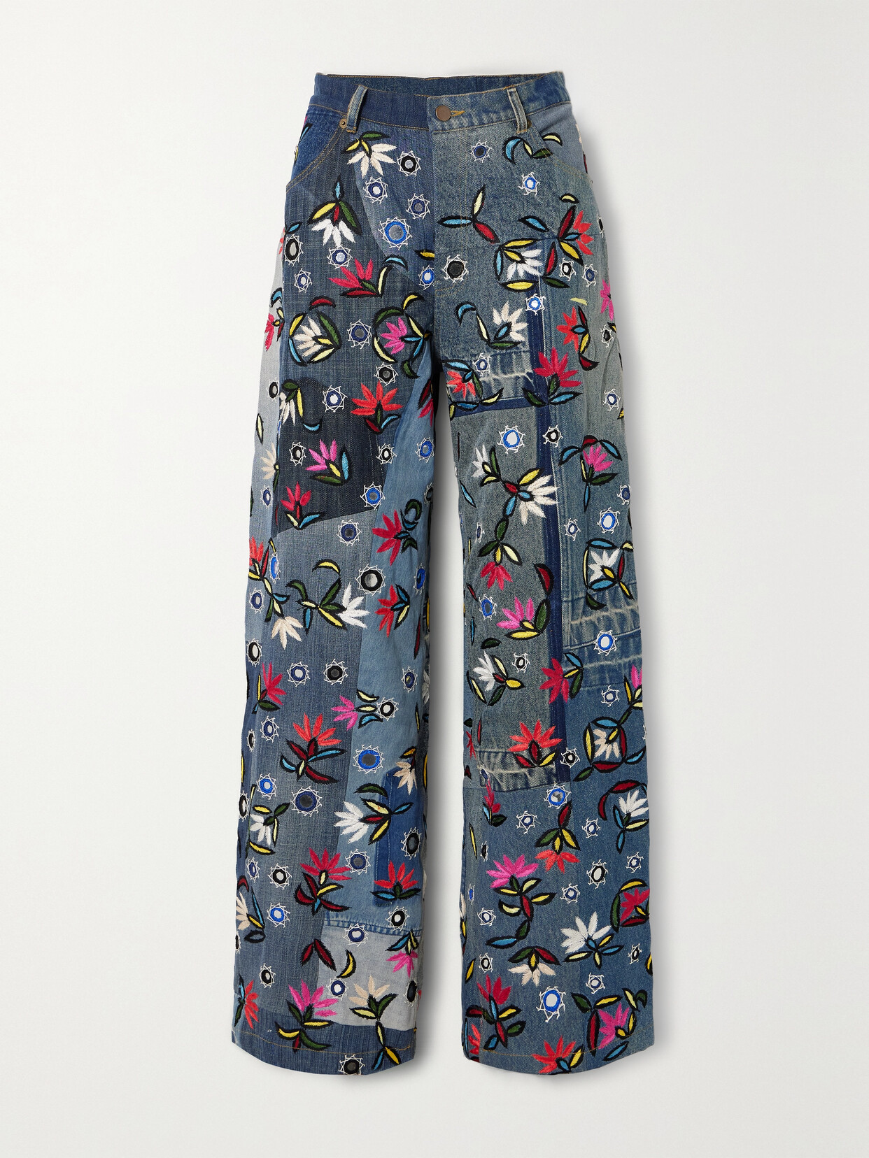 Ashish - Embellished Embroidered High-rise Straight-leg Jeans - Blue