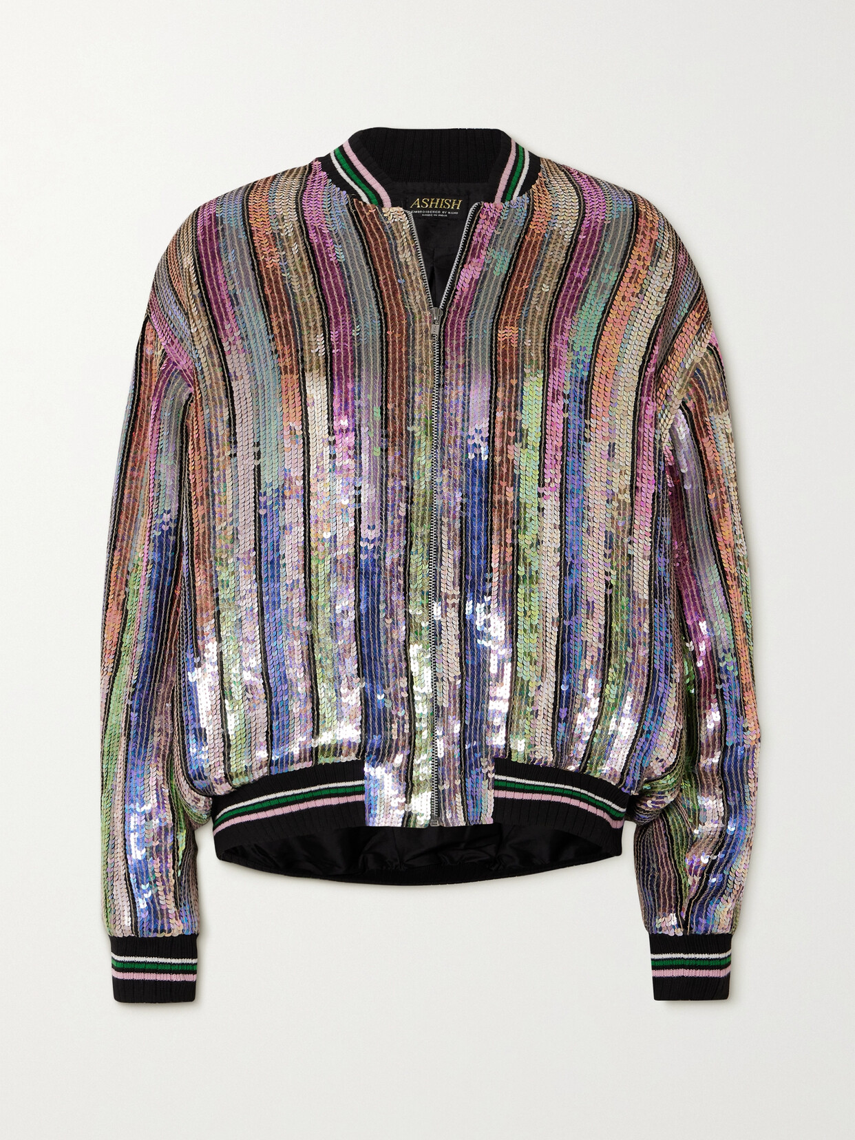 Ashish - Striped Sequined Georgette Bomber Jacket - Multi