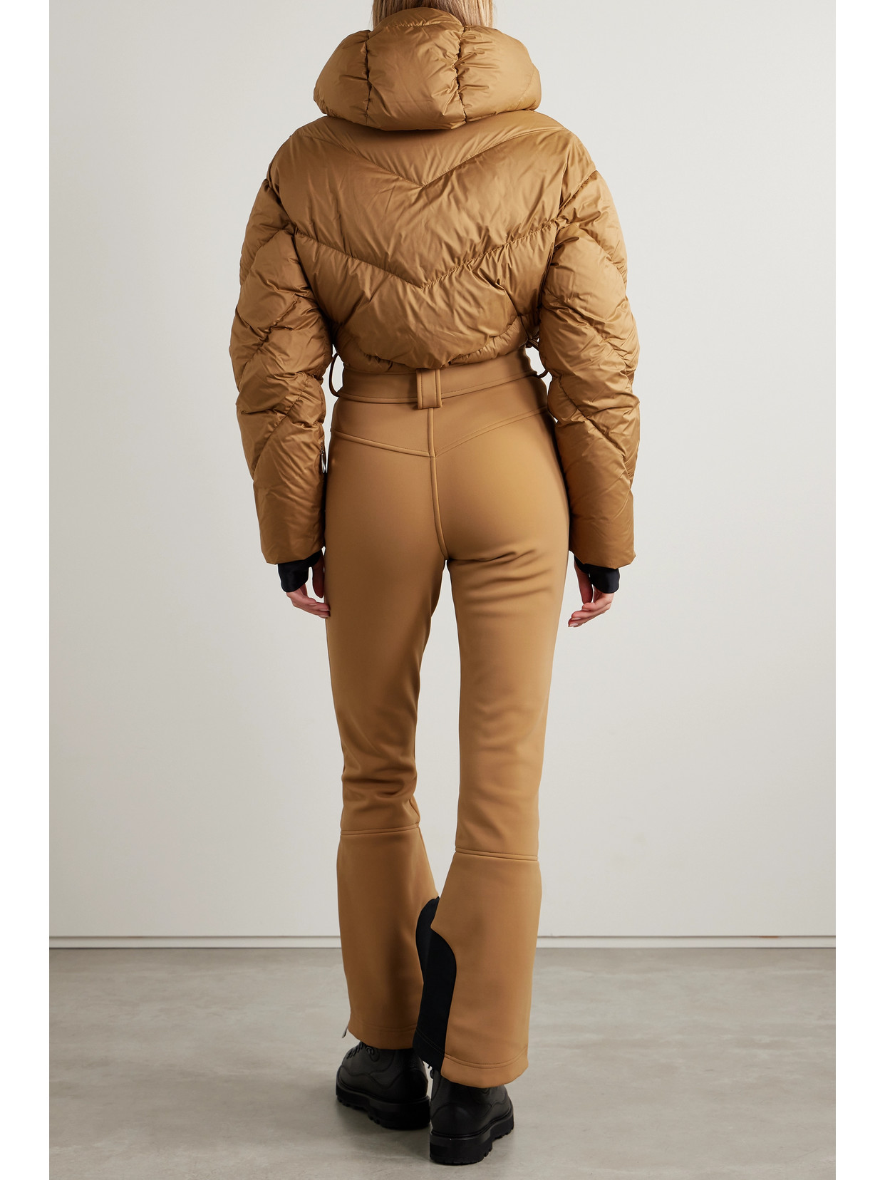 Cordova Ajax Belted Hooded Quilted Down Ski Suit In Brown