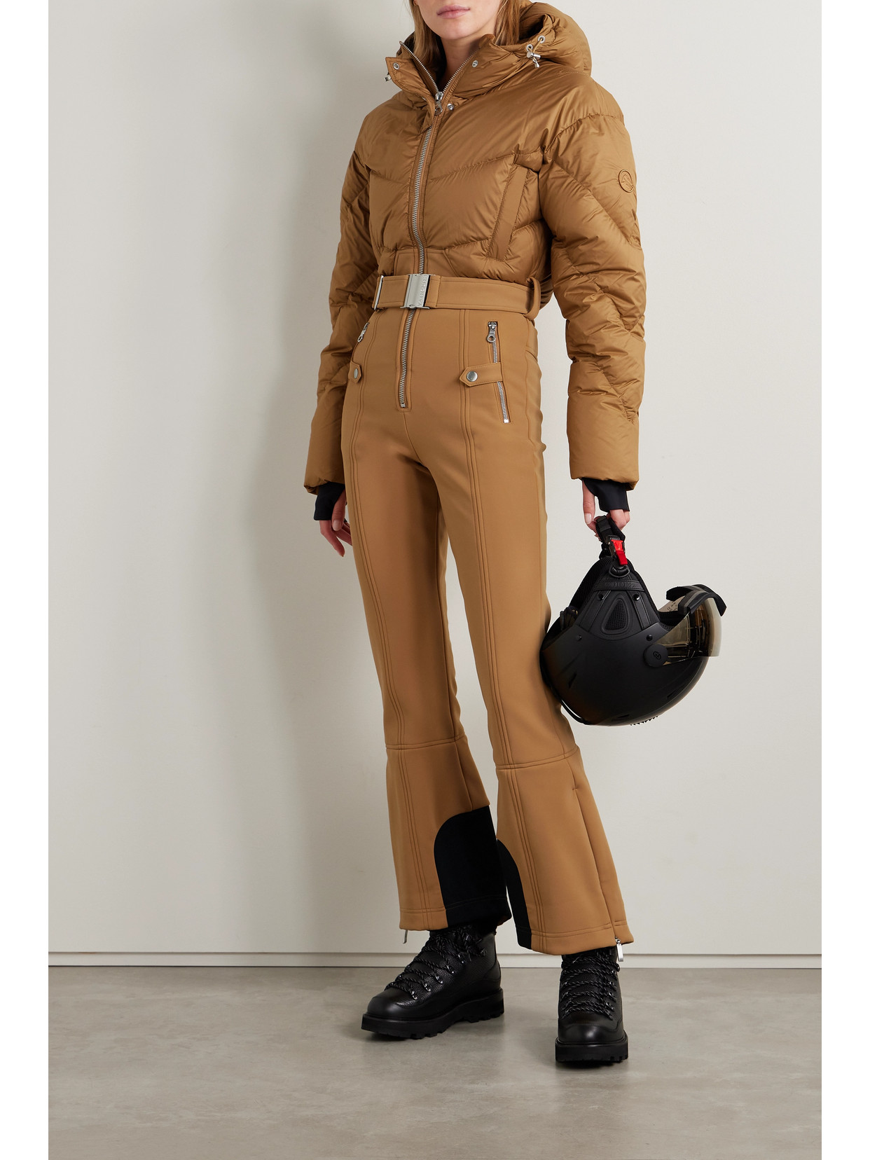 Cordova Ajax Belted Hooded Quilted Down Ski Suit In Brown