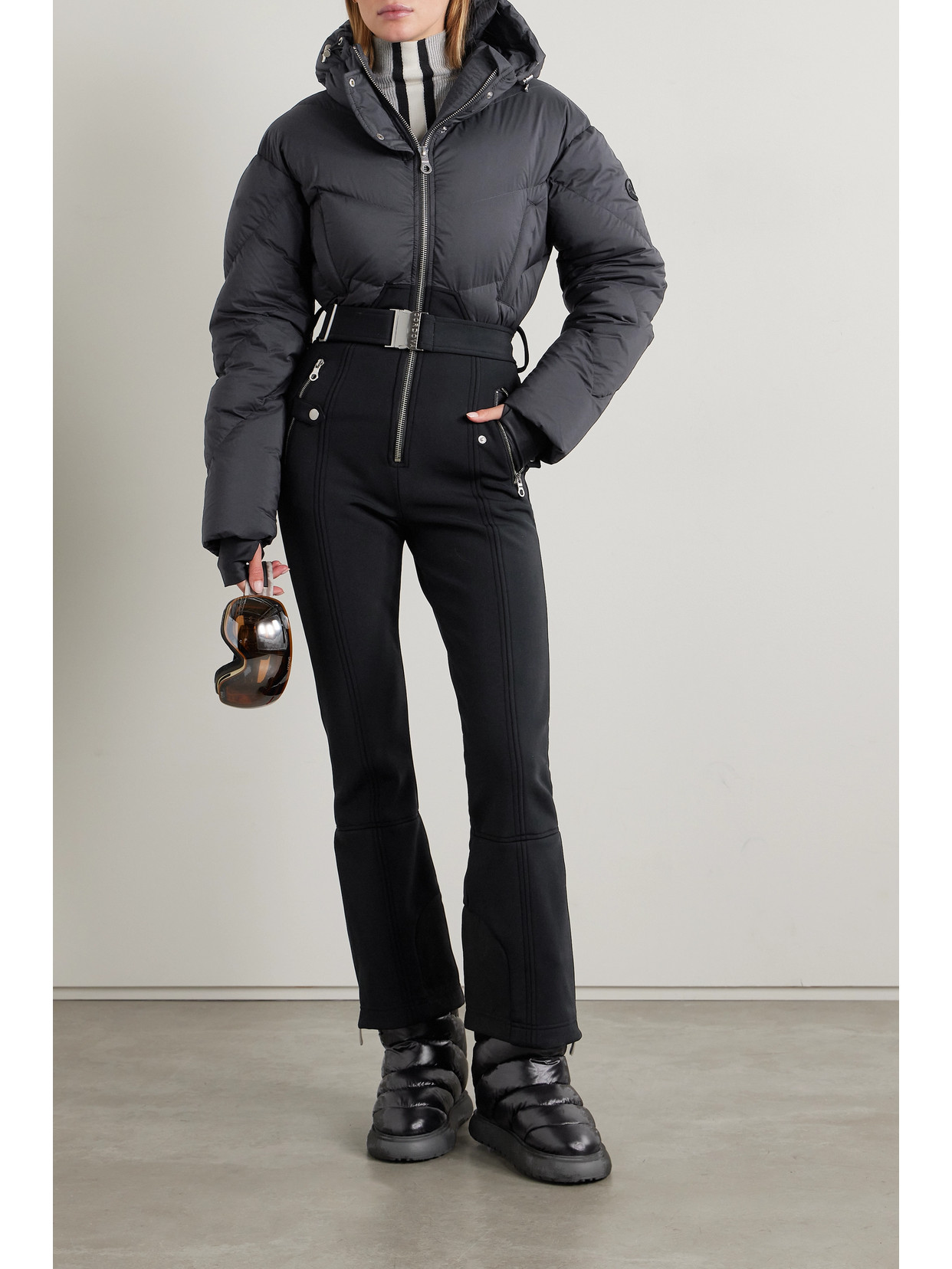 Shop Cordova Ajax Belted Hooded Quilted Down Ski Suit In Black