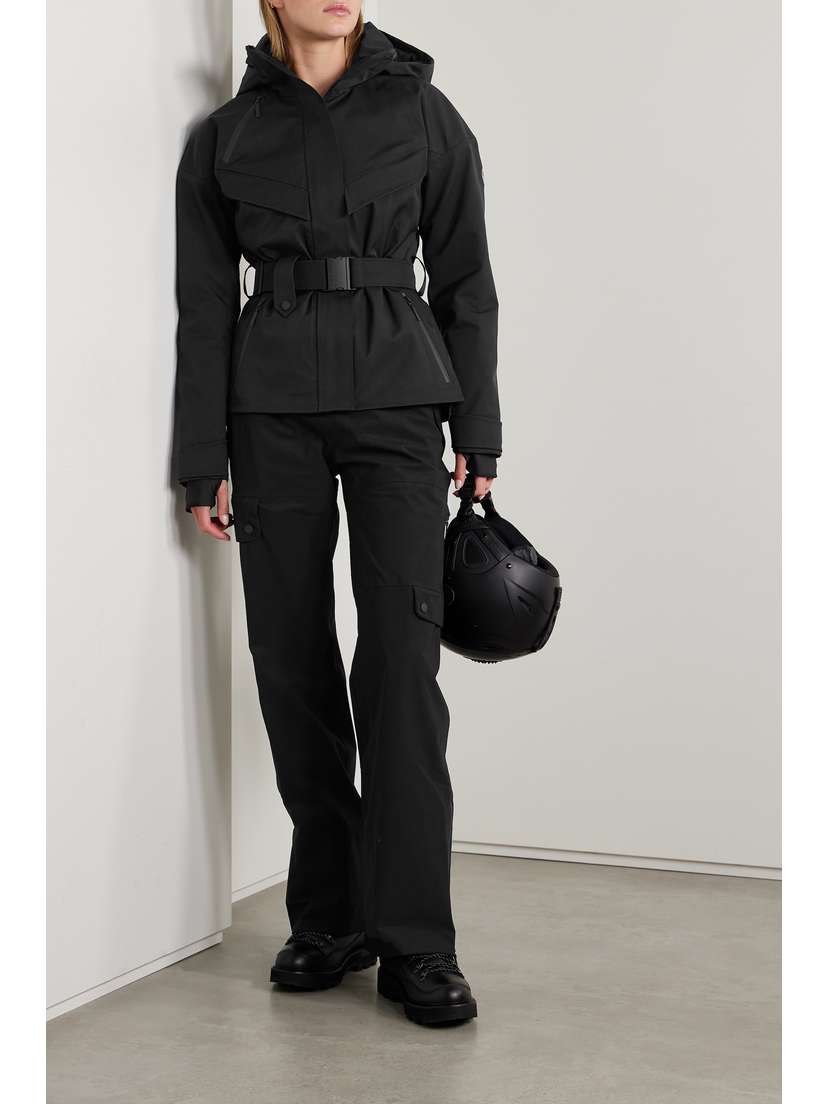 Cordova Cascade Belted Hooded Ski Jacket - back view in Black