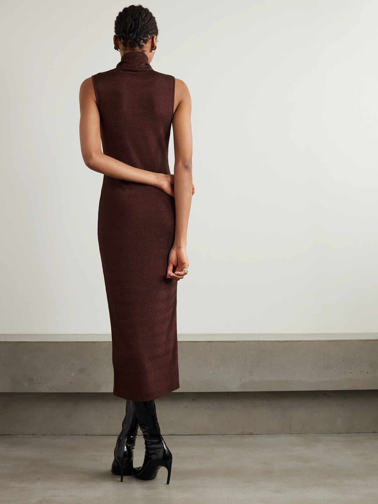 Gauge81 Flora Metallic Cotton-blend Jersey Turtleneck Midi Dress In Brown