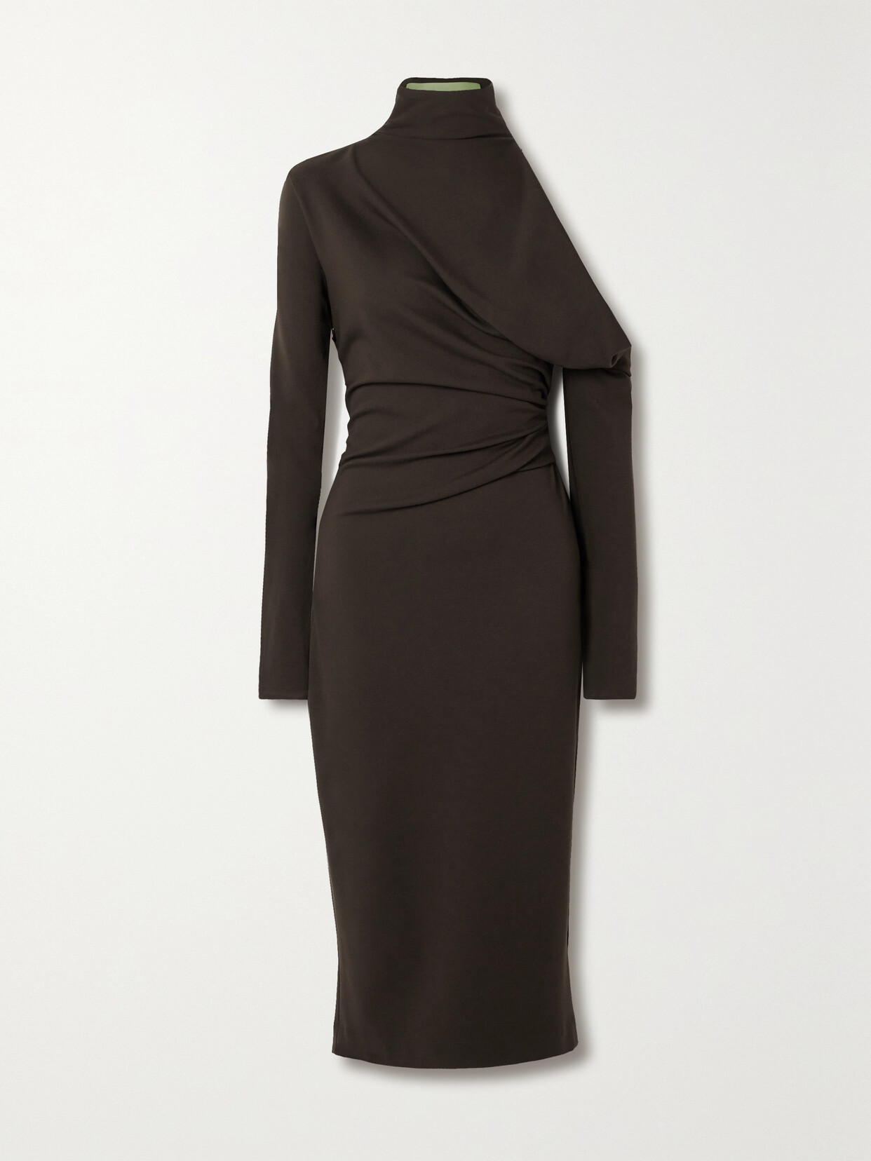 Gauge81 Teresa Asymmetric Ponte Turtleneck Midi Dress In Brown