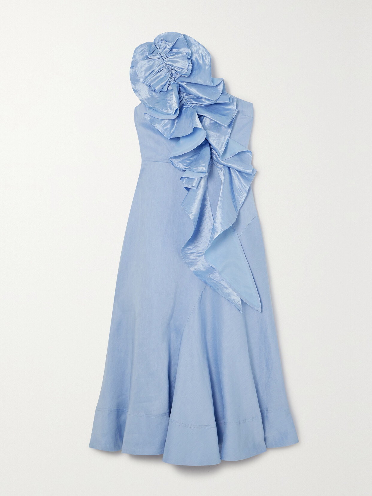 Shop Aje Adelia One-shoulder Ruffled Dupioni-trimmed Linen-blend Midi Dress In Blue