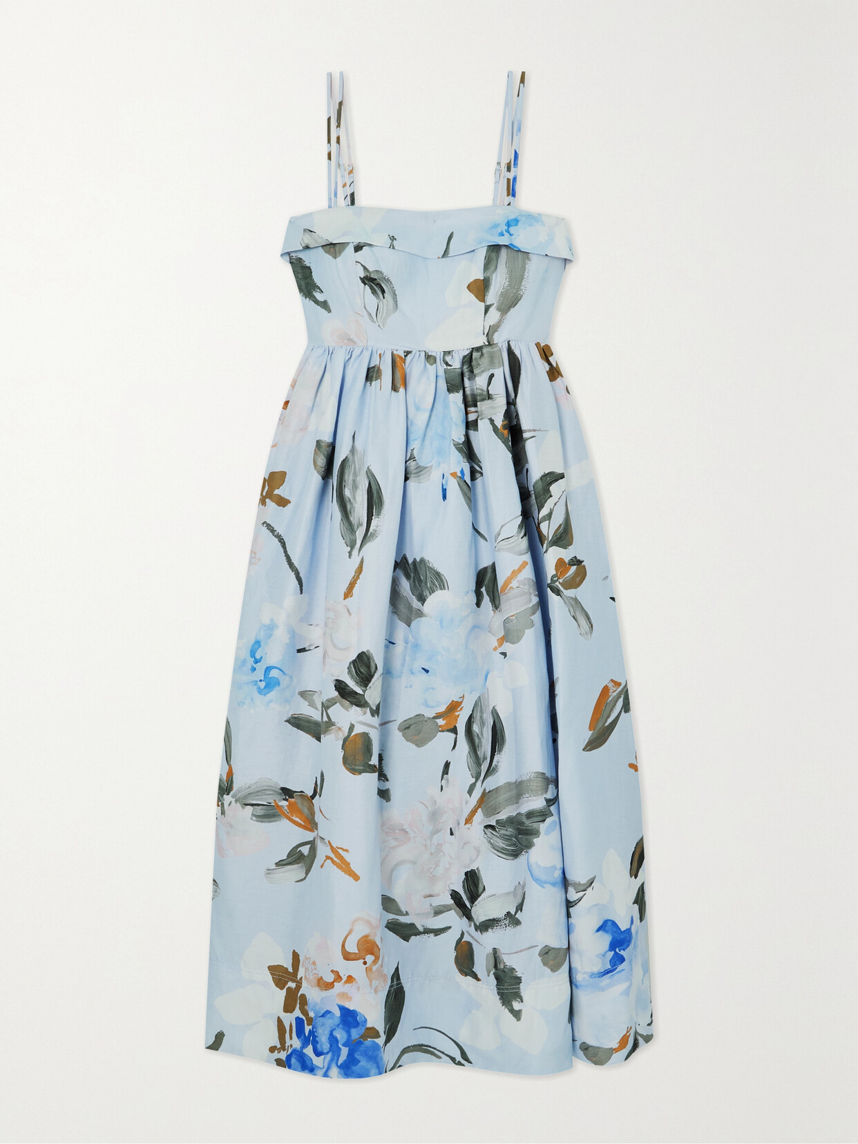 Aje Untamed Gathered Floral-print Linen-blend Midi Dress - Blue