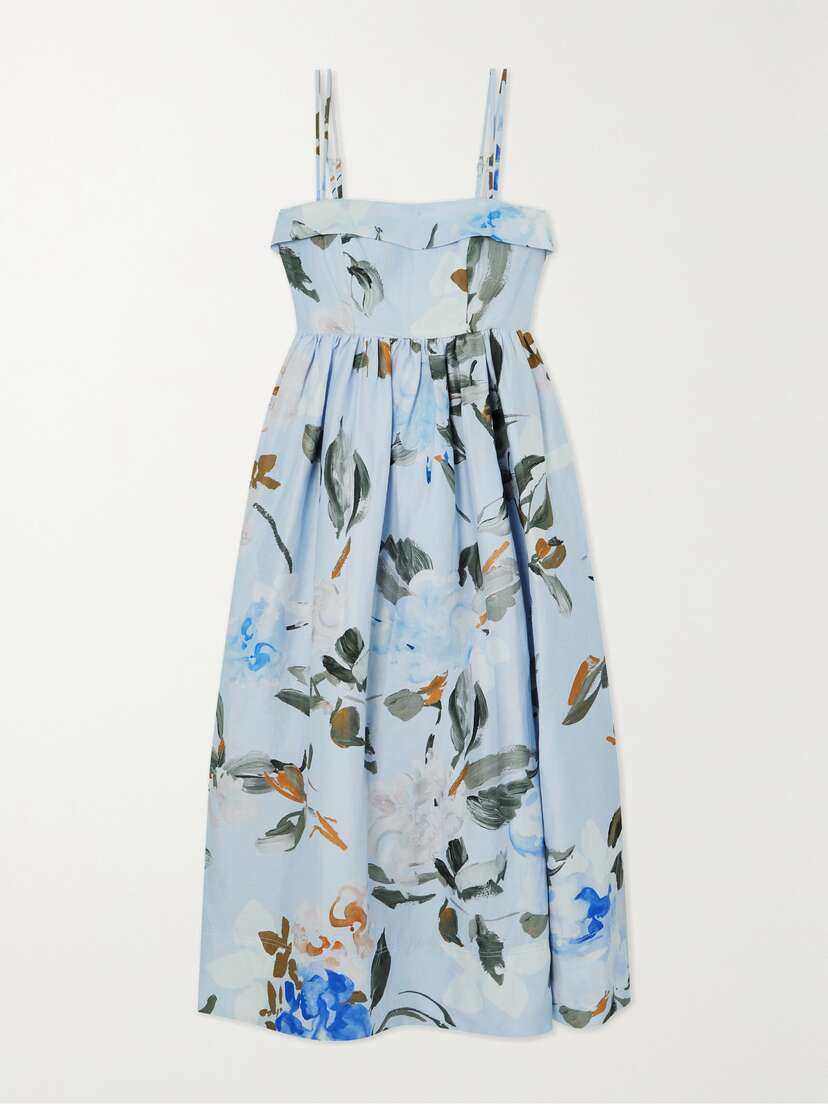Aje Untamed Gathered Floral-print Linen-blend Midi Dress