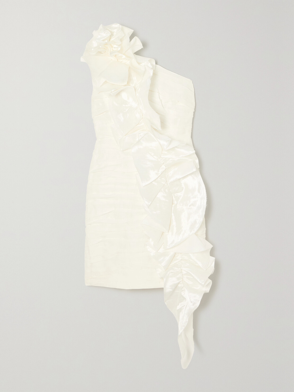 Shop Aje Adelia One-shoulder Ruffled Dupioni-trimmed Linen-blend Mini Dress In Ivory