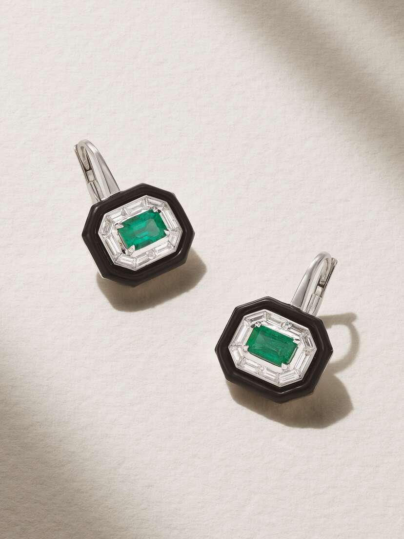 Nikos Koulis Oui 18-karat White Gold, Enamel, Diamond And Emerald Earrings