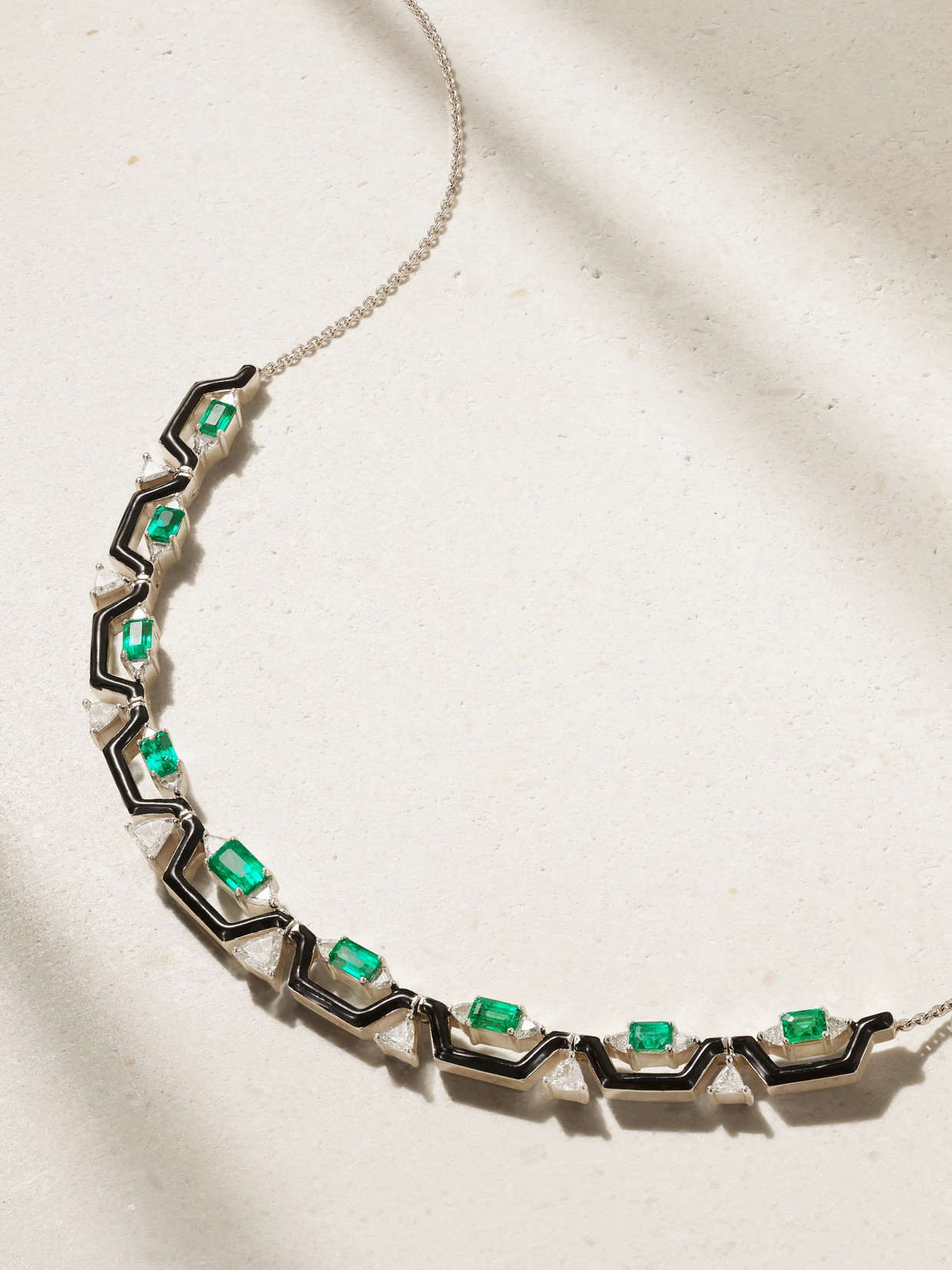 Shop Nikos Koulis Oui 18-karat White Gold, Emerald, Diamond And Enamel Necklace