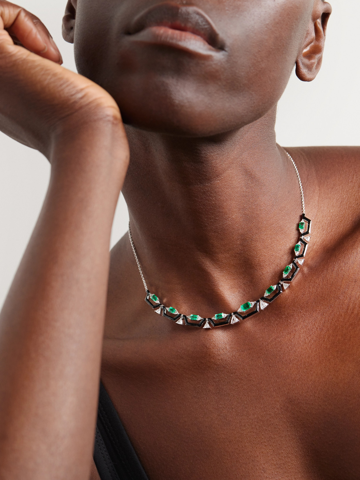 Nikos Koulis Oui 18-karat White Gold, Emerald, Diamond And Enamel Necklace In Gold