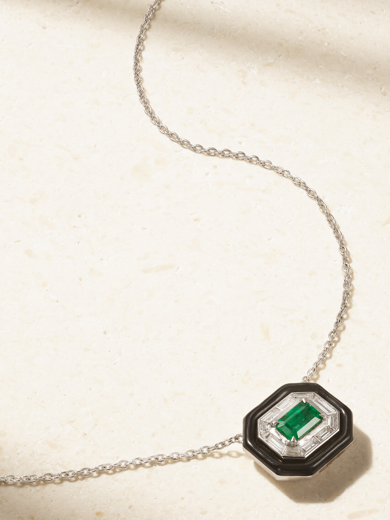 Nikos Koulis - Oui 18-karat White Gold, Emerald, Diamond And Enamel Necklace - One size