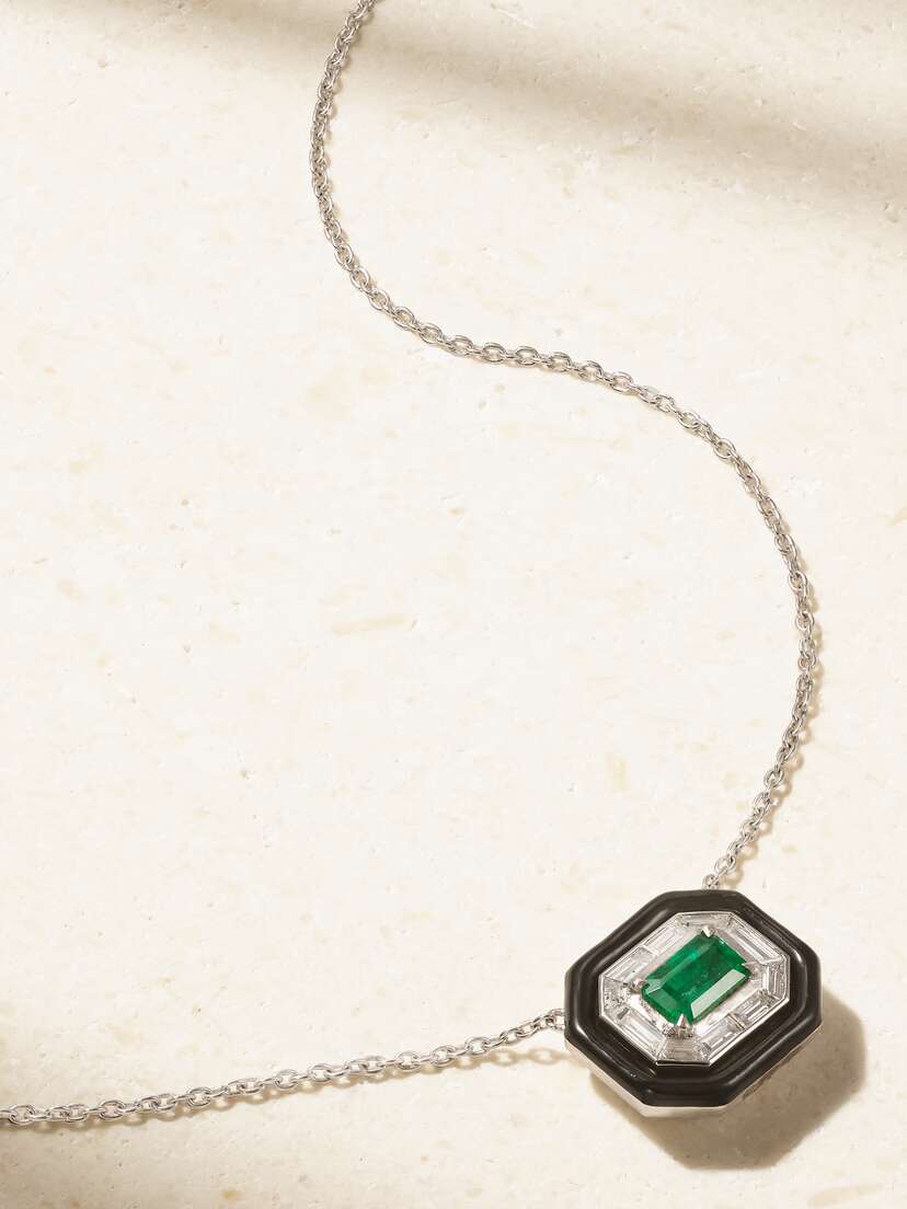 Nikos Koulis Oui 18-karat White Gold, Emerald, Diamond And Enamel Necklace
