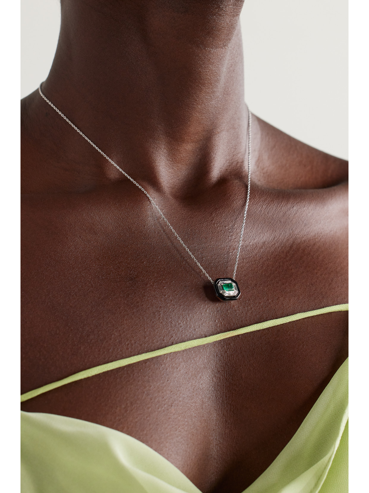 Nikos Koulis Oui 18-karat White Gold, Emerald, Diamond And Enamel Necklace In Gold