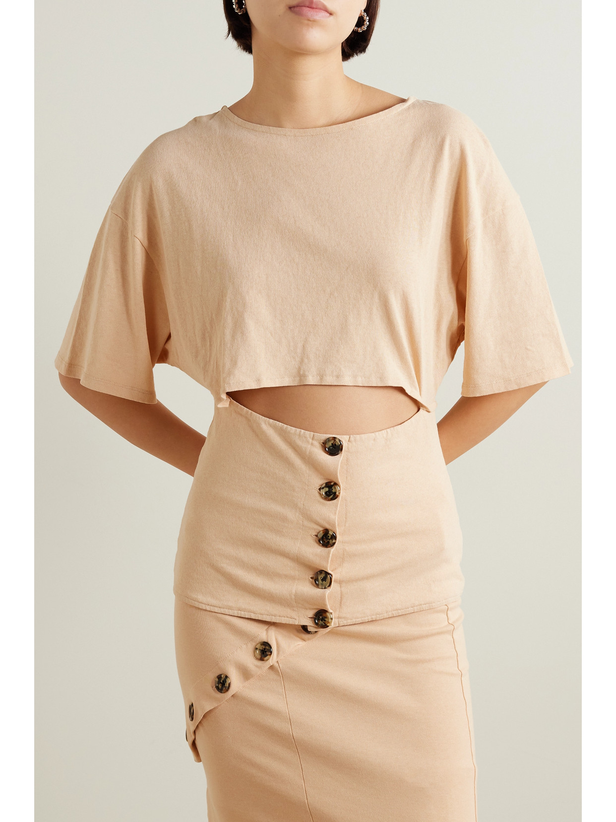 A. W.A. K.E. Mode - Button-Embellished Cutout Organic Cotton-Jersey T-Shirt