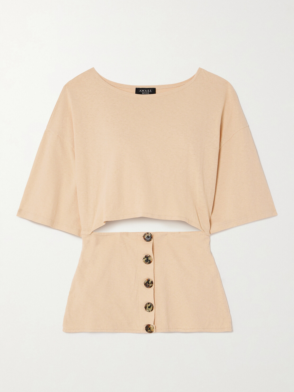 A.w.a.k.e. Button-embellished Cutout Organic Cotton-jersey T-shirt In Peach