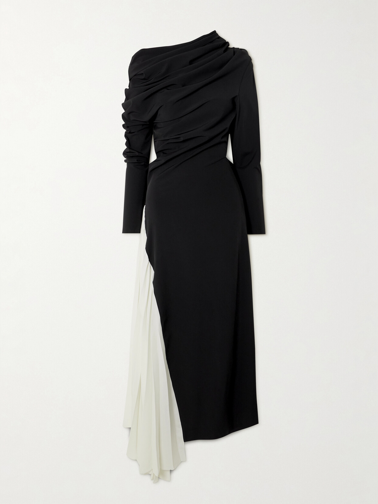 Shop A.w.a.k.e. Asymmetric Two-tone Stretch-jersey And Plissé-crepe Maxi Dress In Black