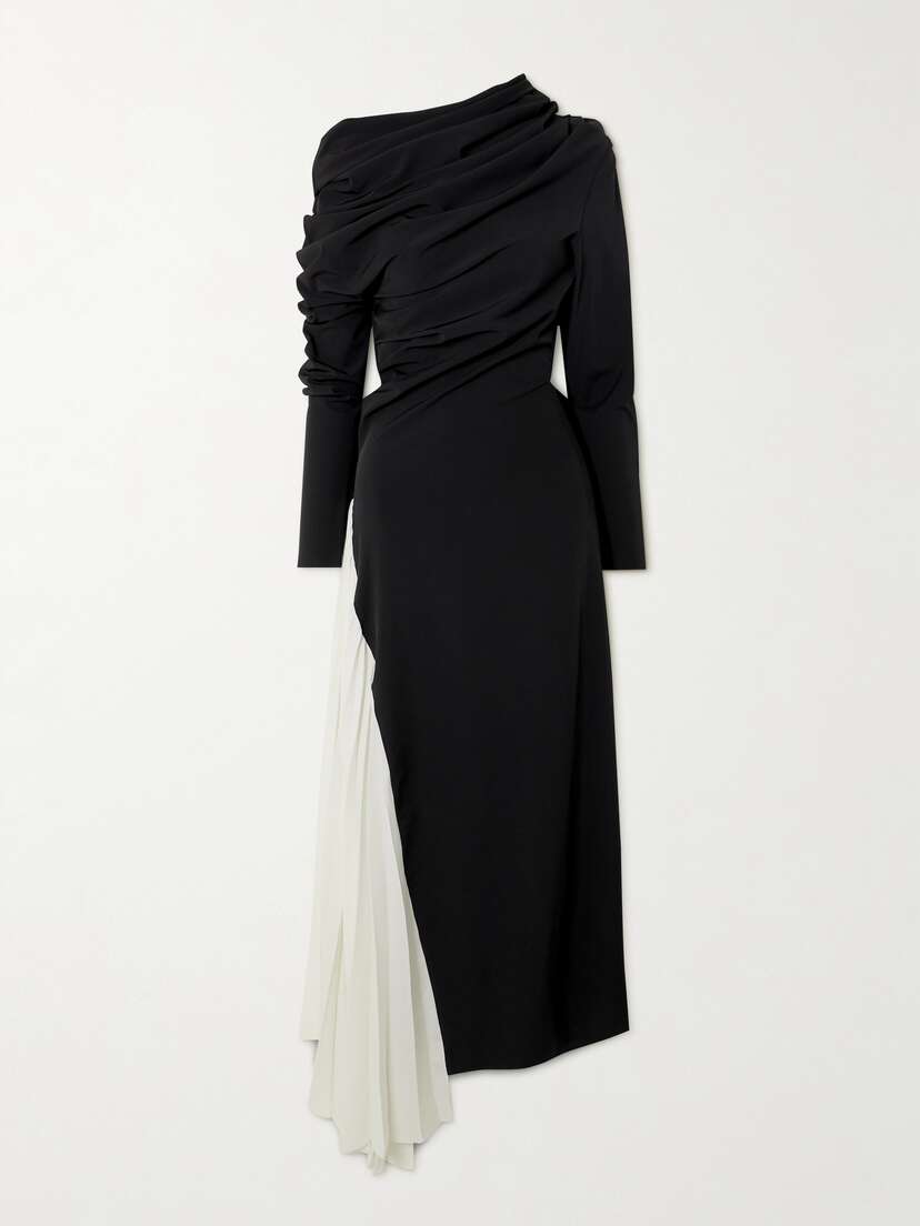 A.W.A.K.E. MODE Asymmetric Two-tone Stretch-jersey And Plissé-crepe Maxi Dress