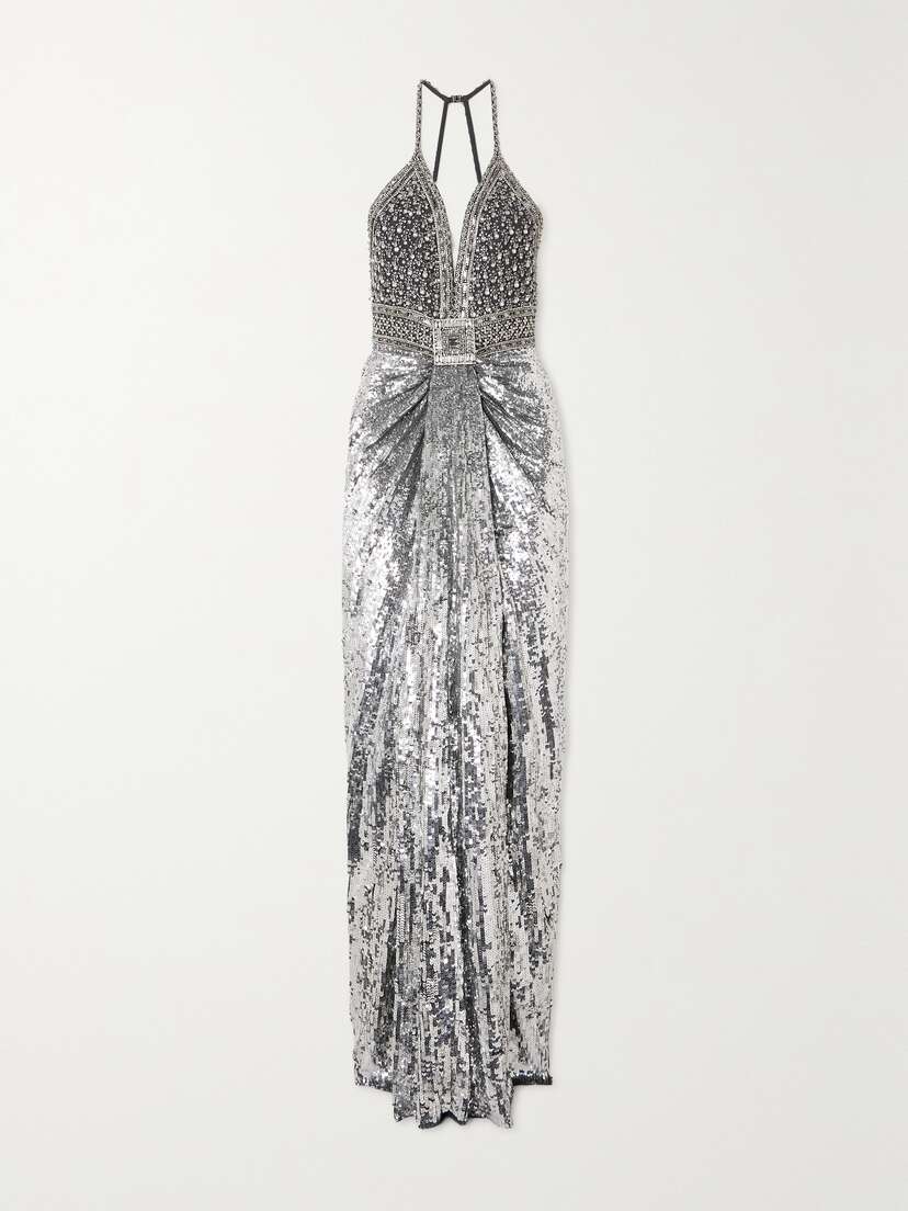 Jenny Packham Hero Crystal-embellished Sequined Tulle Halterneck Gown - UK 16