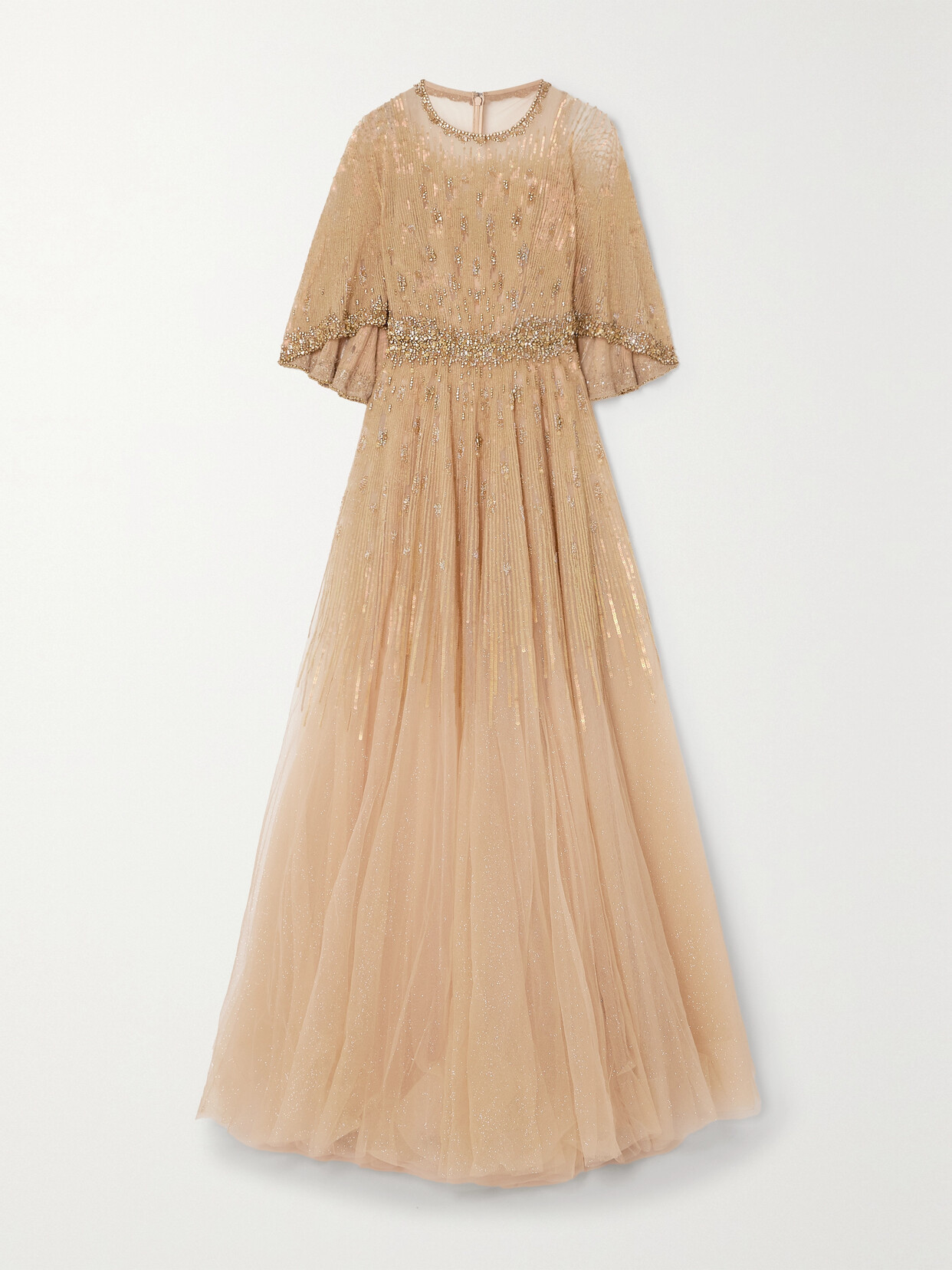 Jenny Packham Parisa Cape-effect Embellished Glittered Tulle Gown In Gold