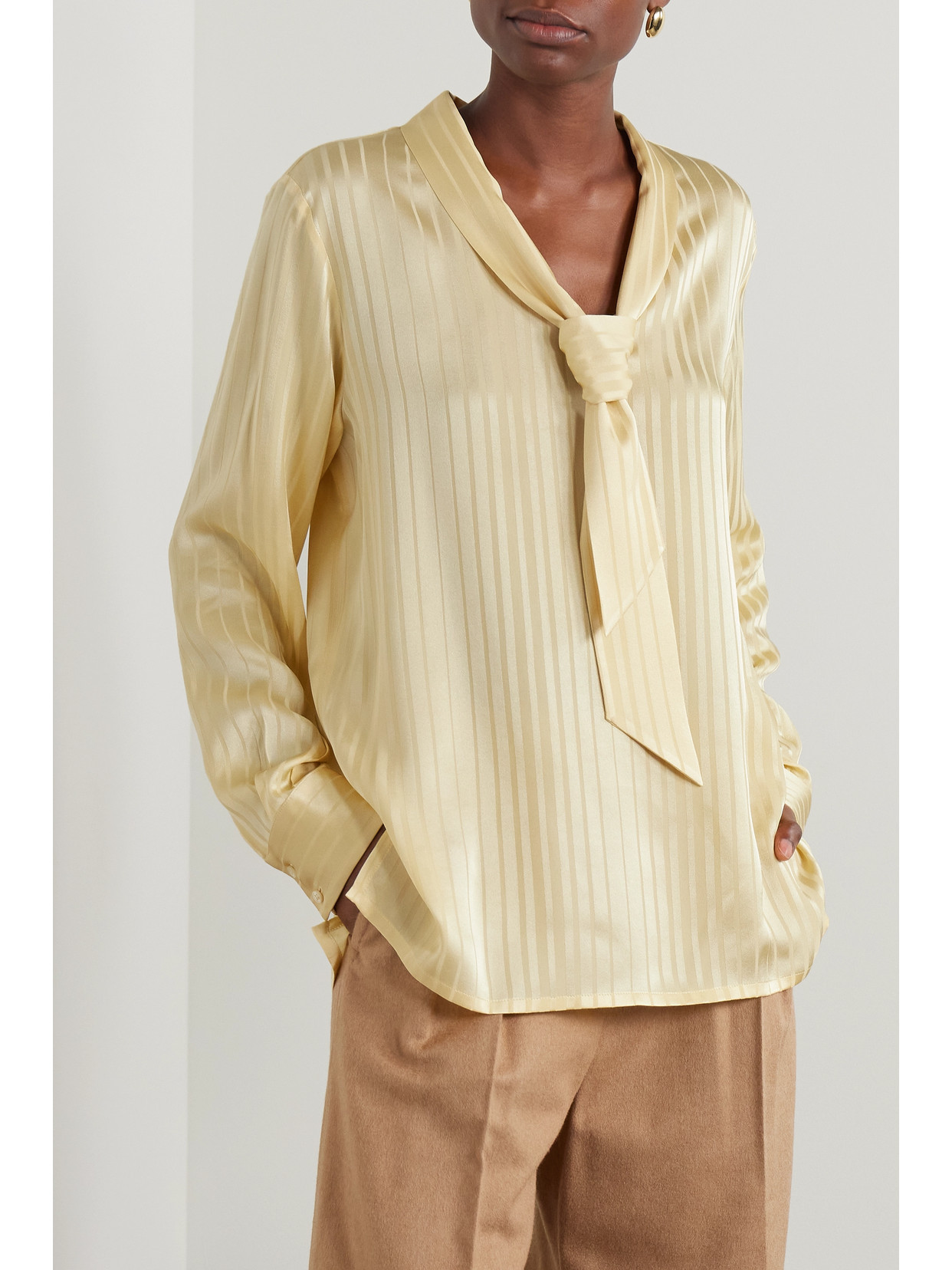Loro Piana Kya Tie-detailed Striped Silk-jacquard Blouse In Orange