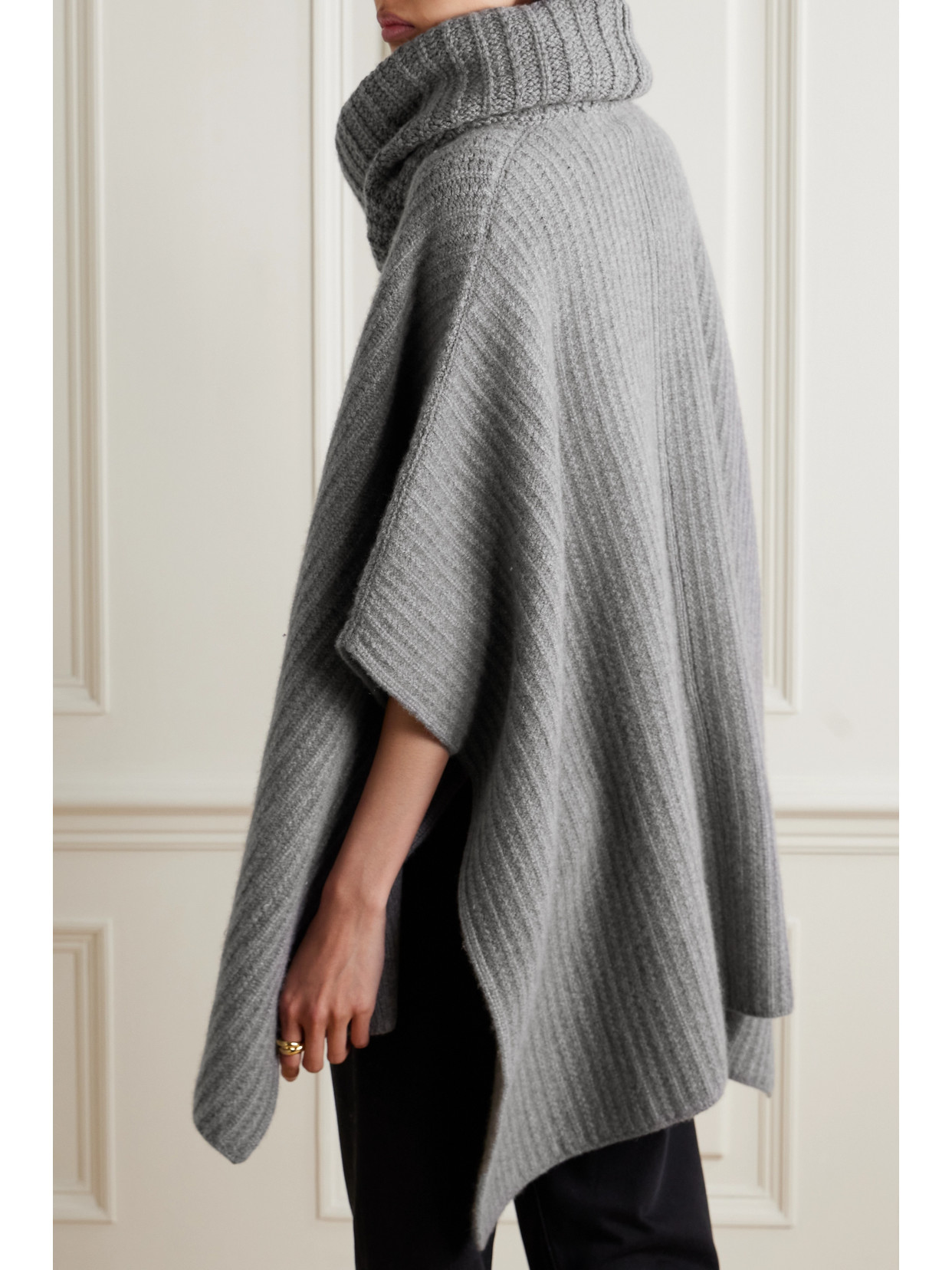 Shop Loro Piana Waipara Ribbed-knit Turtleneck Cashmere Cape In Gray