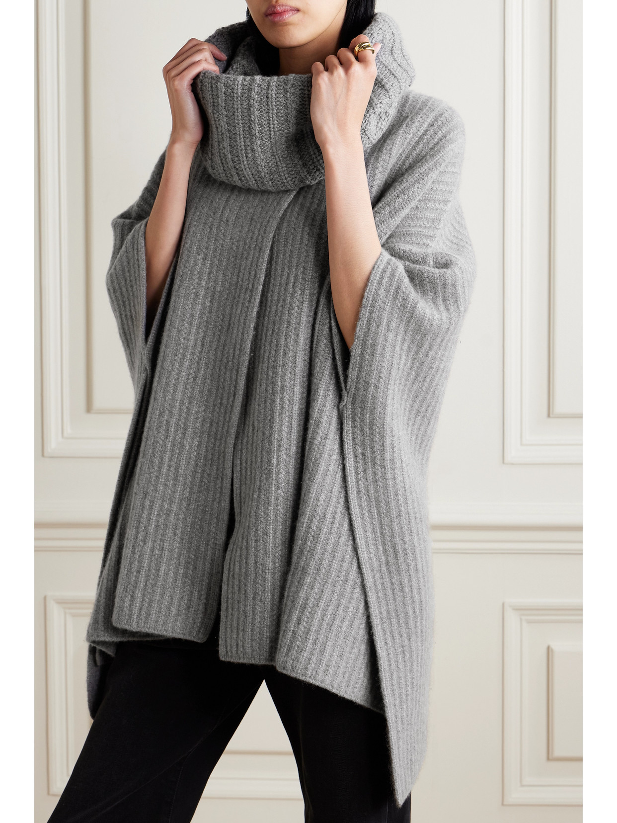 Shop Loro Piana Waipara Ribbed-knit Turtleneck Cashmere Cape In Gray