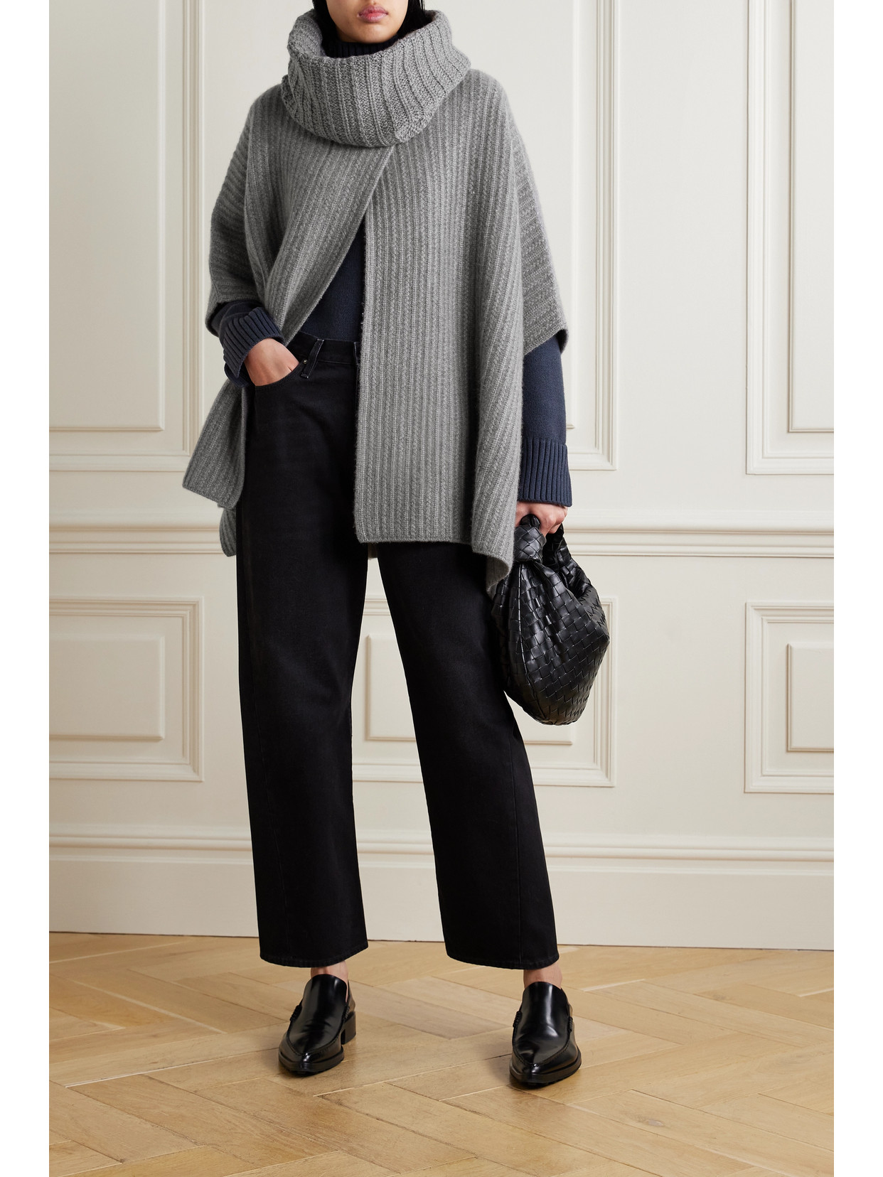 Shop Loro Piana Waipara Ribbed-knit Turtleneck Cashmere Cape In Gray