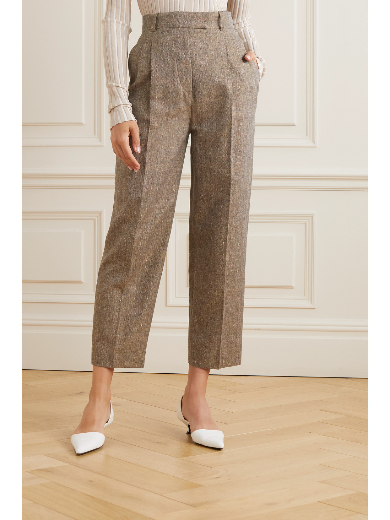 Shop Loro Piana Wybie Cropped Pleated Linen-blend Wide-leg Pants In Brown