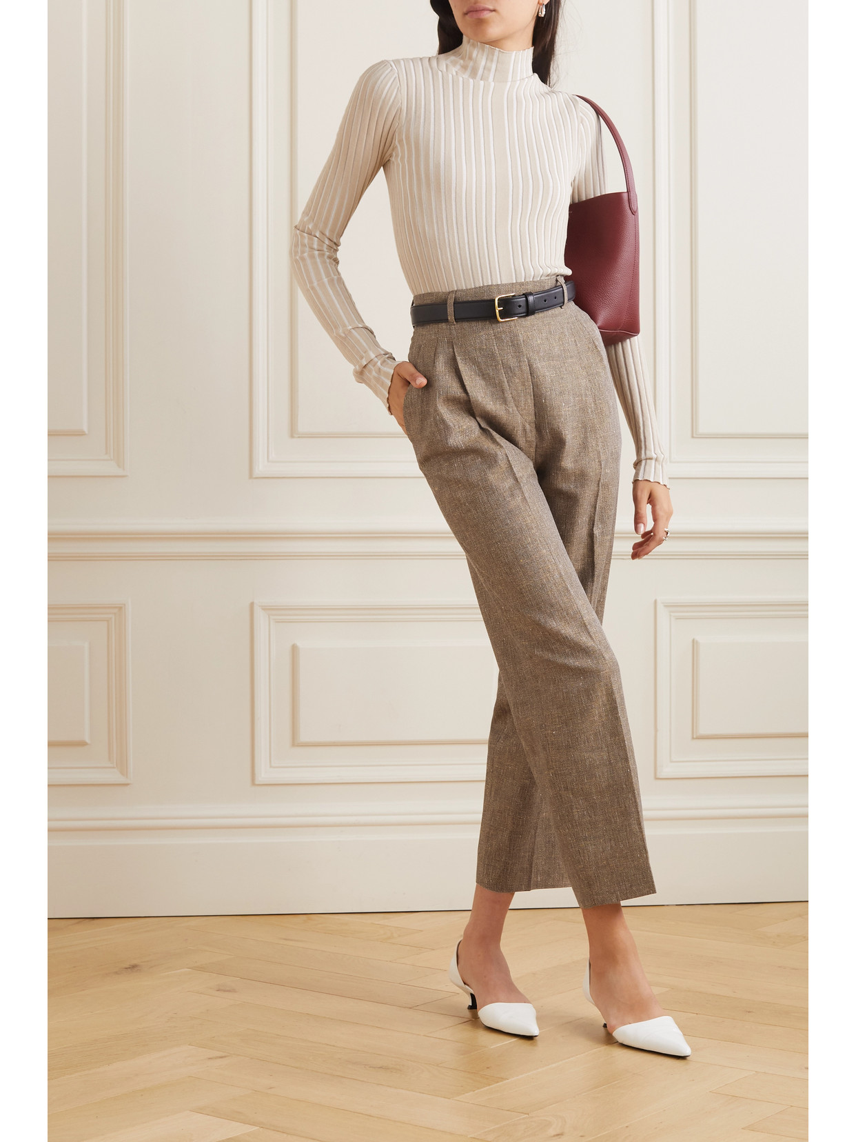 Shop Loro Piana Wybie Cropped Pleated Linen-blend Wide-leg Pants In Brown