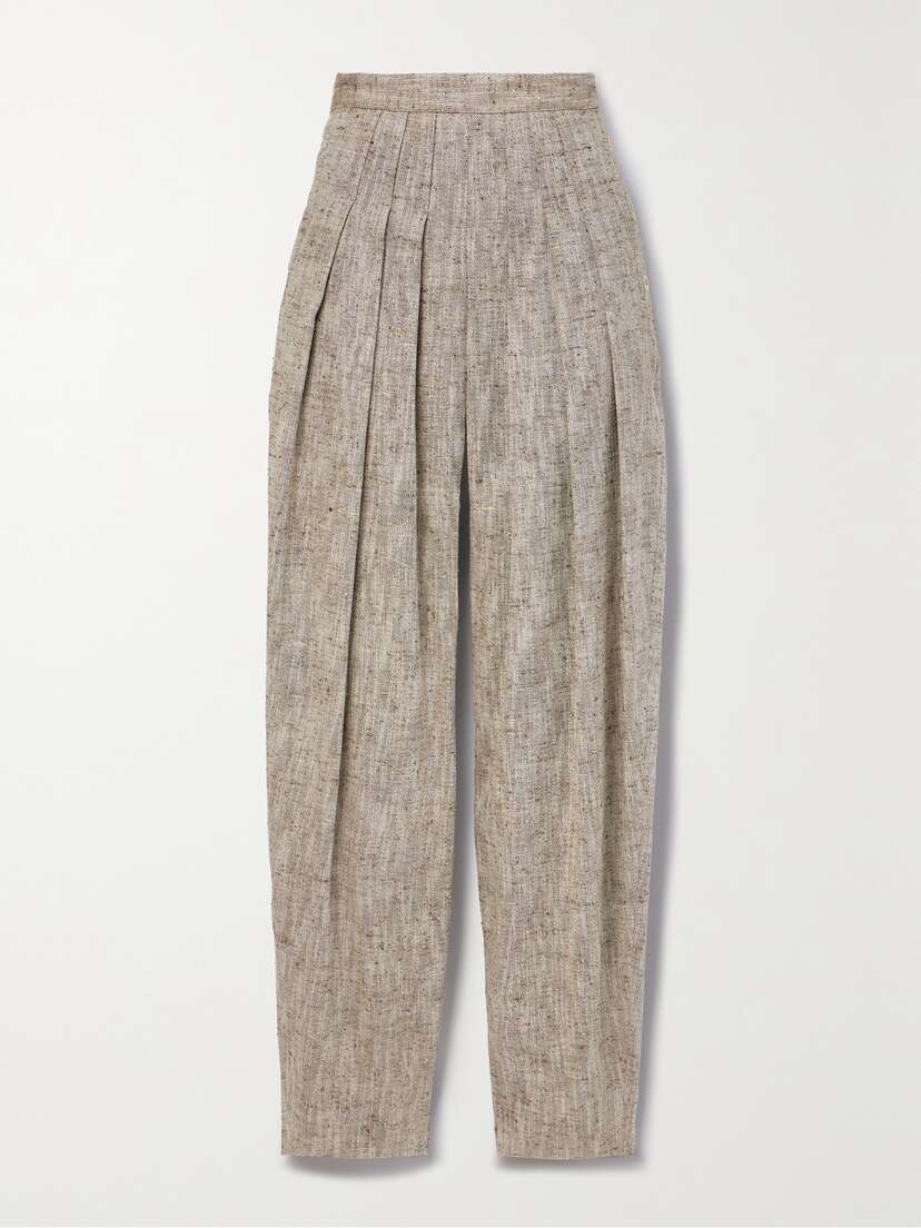 Loro Piana Asael Pleated Silk, Hemp And Cotton-blend Tweed Tapered Pants