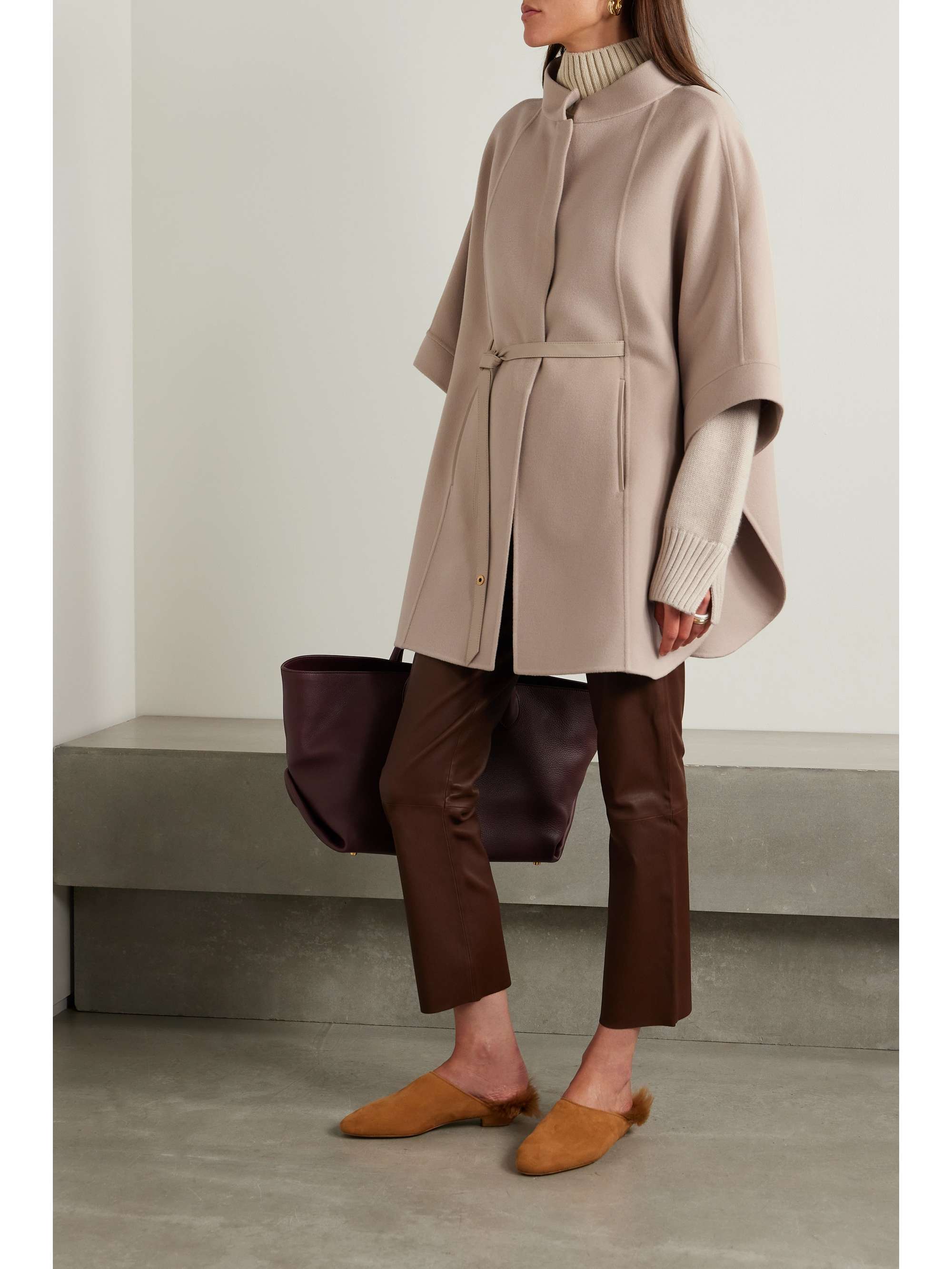 LORO PIANA Belted leather-trimmed cashmere cape