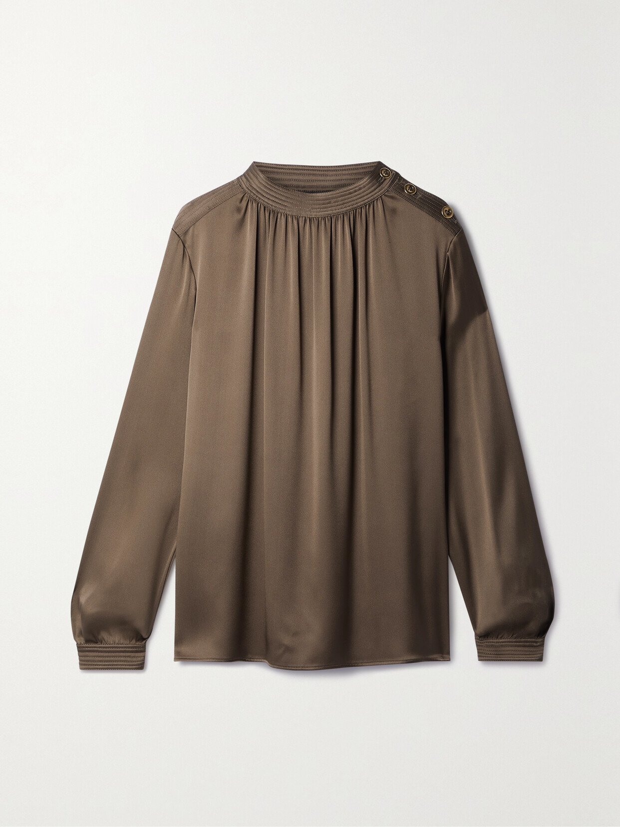 Shop Loro Piana Josephine Button-embellished Gathered Silk-satin Blouse In Brown